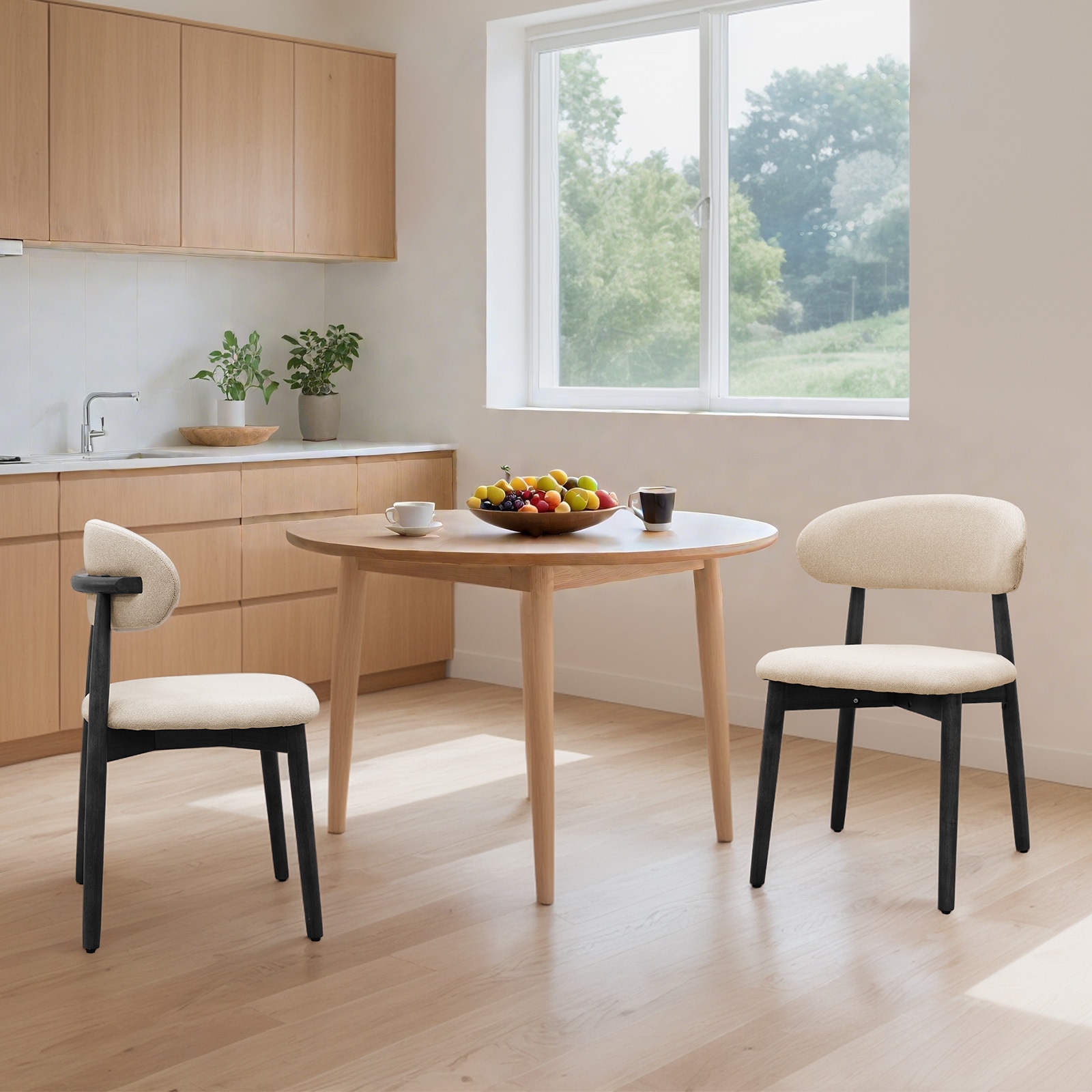 Beige Cotton-Linen Fabric Upholstered Dining Chair With Black Solid Wood Legs, Armless Chair Set Of 4 For Kitchen, Restaurant, Living, Meeting Room_maomaolike.com